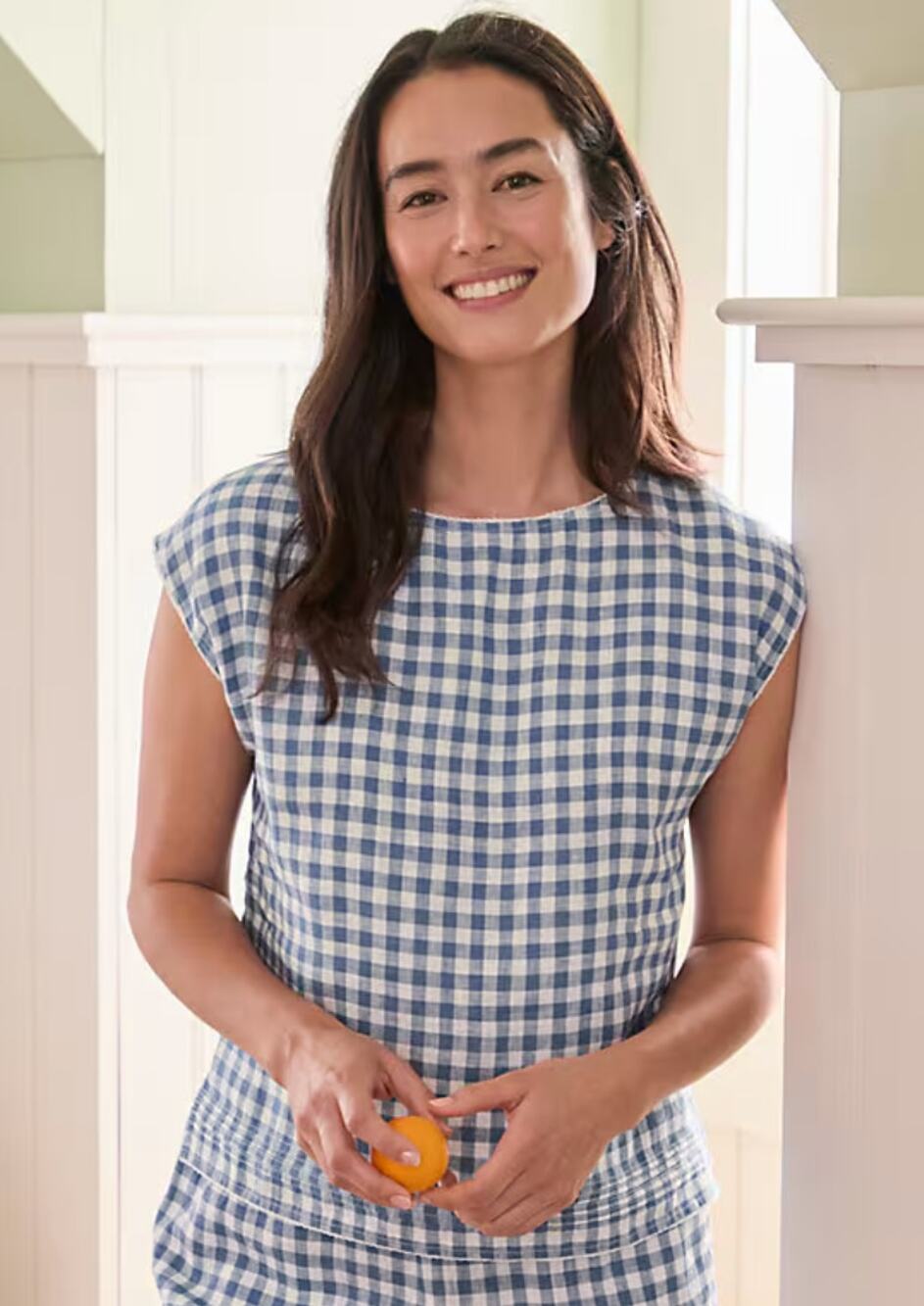 Garnet Hill Washed-Linen Pintuck Pajama Top and Pants PJ Set Gingham
